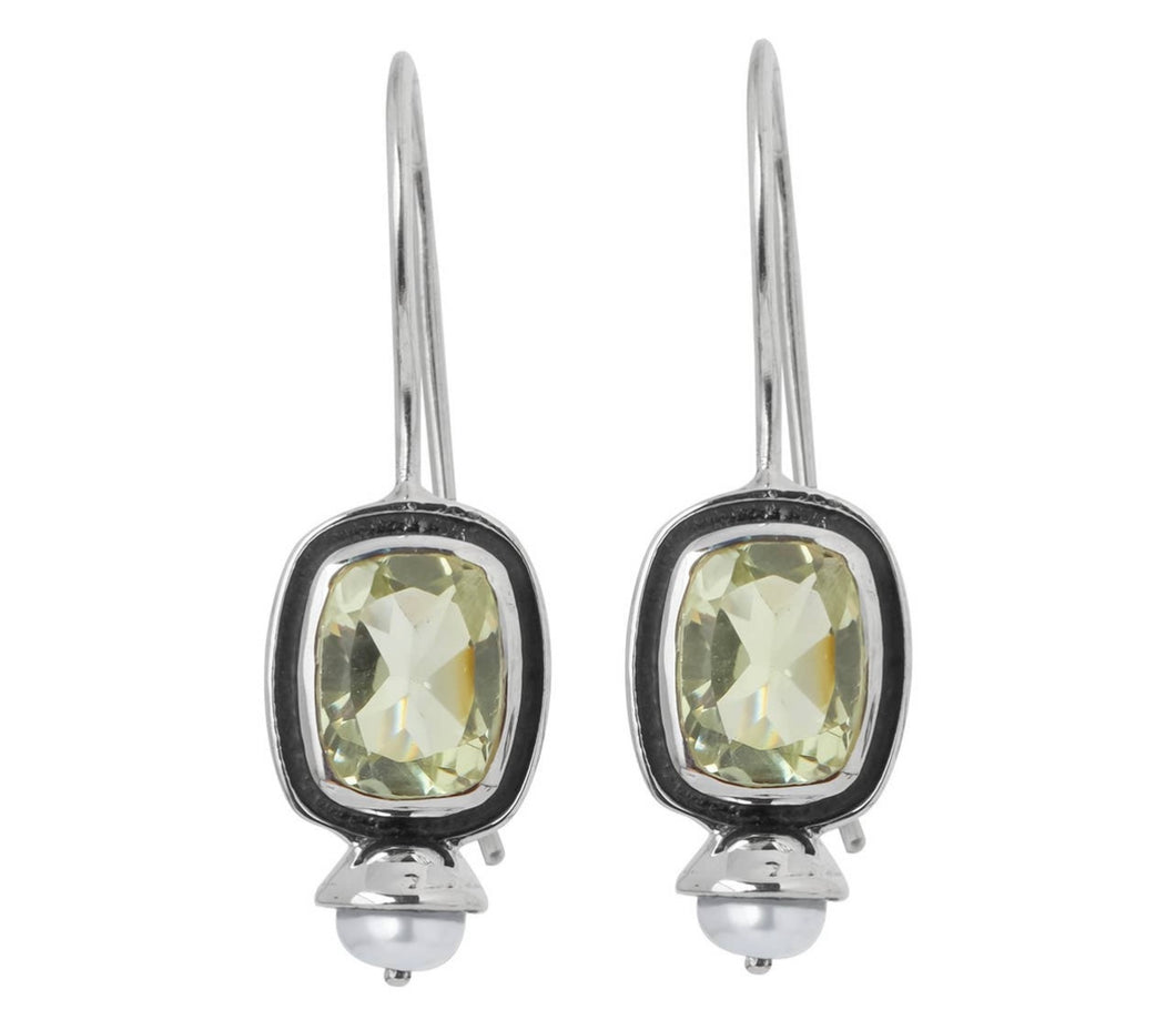 Sterling Silver Green Amethyst and Pearl Earrings